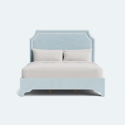 The Addison Queen Platform Bed - Scalloped Legs - Seafoam Blue Performance Chenille Fabric - White Trim