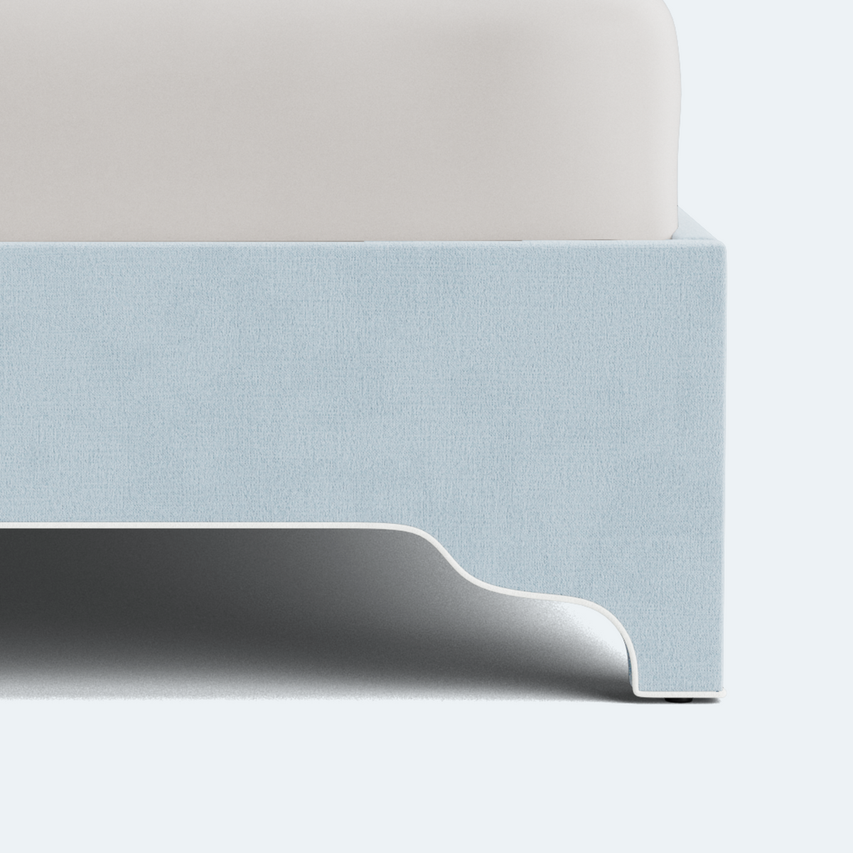 The Addison King Platform Bed - Scalloped Legs - Sky Blue Woven Fabric with White Trim