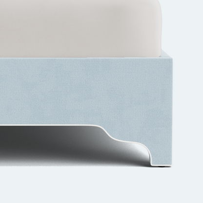The Addison King Platform Bed - Scalloped Legs - Sky Blue Woven Fabric with White Trim