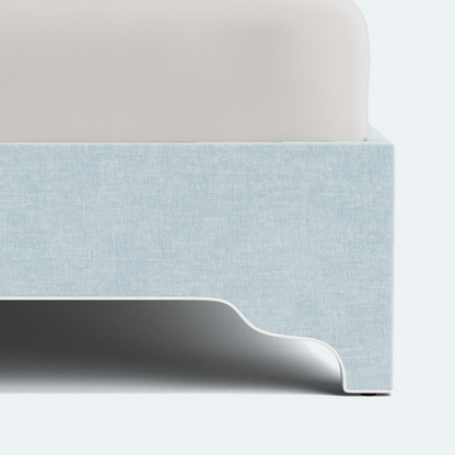 The Addison Queen Platform Bed - Scalloped Legs - Seafoam Blue Performance Chenille Fabric - White Trim