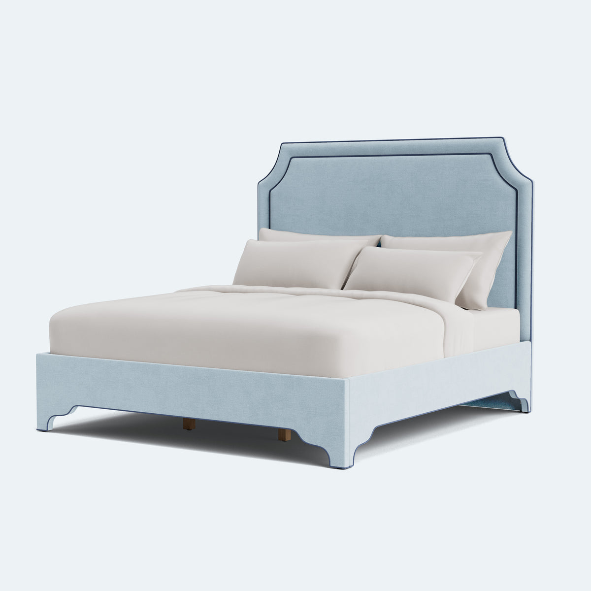 65”H Queen Platform Upholstered Bed - Sky Blue Woven Fabric - Navy Trim
