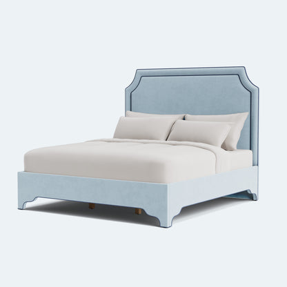 65”H Queen Platform Upholstered Bed - Sky Blue Woven Fabric - Navy Trim