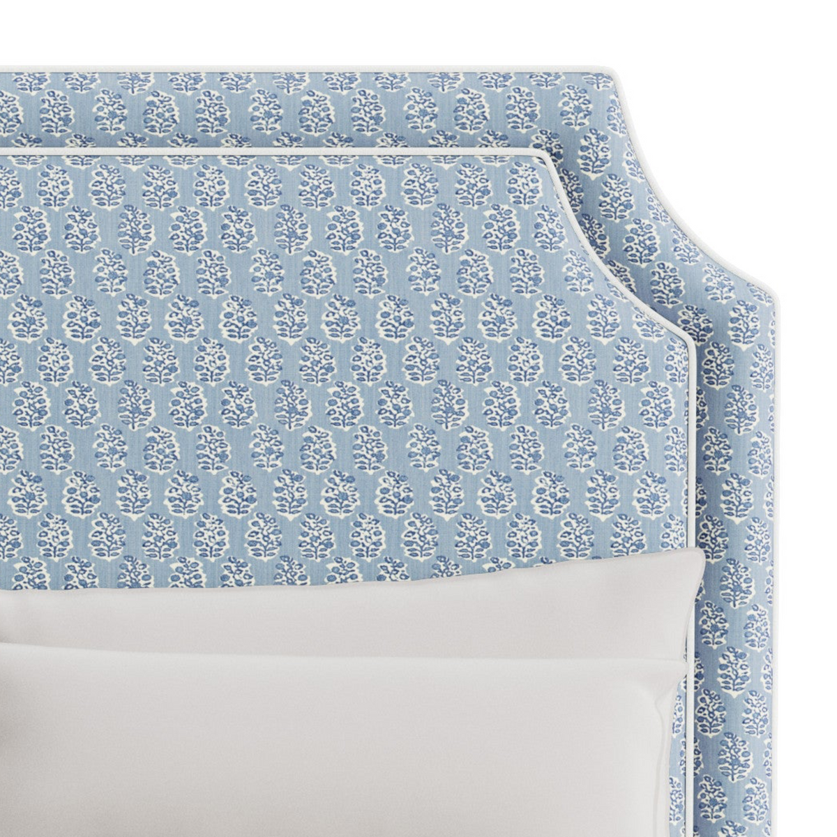 The Addison Queen Bed - Scalloped Legs - Perry Blue Polyester Fabric - White Trim