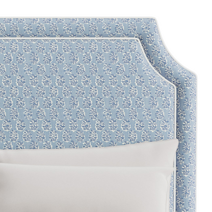 The Addison Queen Bed - Scalloped Legs - Perry Blue Polyester Fabric - White Trim