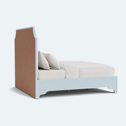 The Addison King Platform Bed - Scalloped Legs - Sky Blue Woven Fabric with White Trim