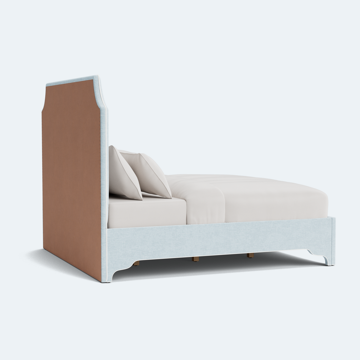 The Addison Queen Platform Bed - Scalloped Legs - Seafoam Blue Performance Chenille Fabric - White Trim