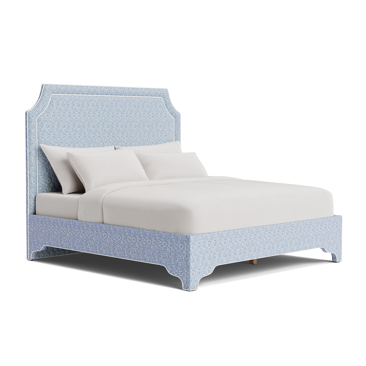 The Addison Queen Bed - Scalloped Legs - Perry Blue Polyester Fabric - White Trim