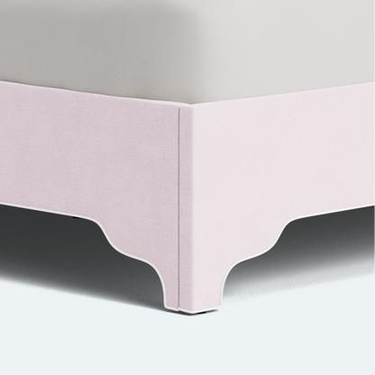 The Addison Queen Bed - Scalloped Legs - Powder Pink Woven Fabric - White Trim