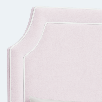 The Addison Queen Bed - Scalloped Legs - Powder Pink Woven Fabric - White Trim