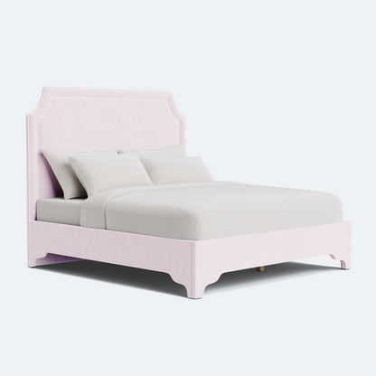 The Addison Queen Bed - Scalloped Legs - Powder Pink Woven Fabric - White Trim
