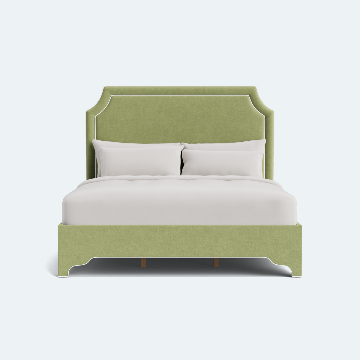 The Addison King Bed - Scalloped Legs - Pistachio Green Woven Fabric - White Trim