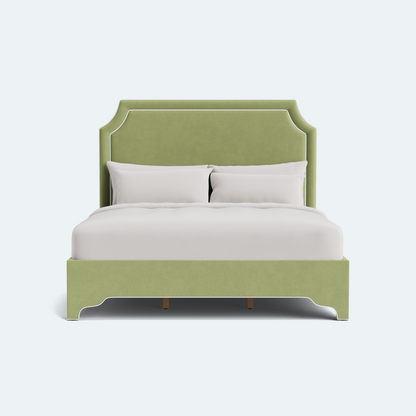 The Addison King Bed - Scalloped Legs - Pistachio Green Woven Fabric - White Trim
