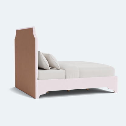 The Addison Queen Bed - Scalloped Legs - Powder Pink Woven Fabric - White Trim