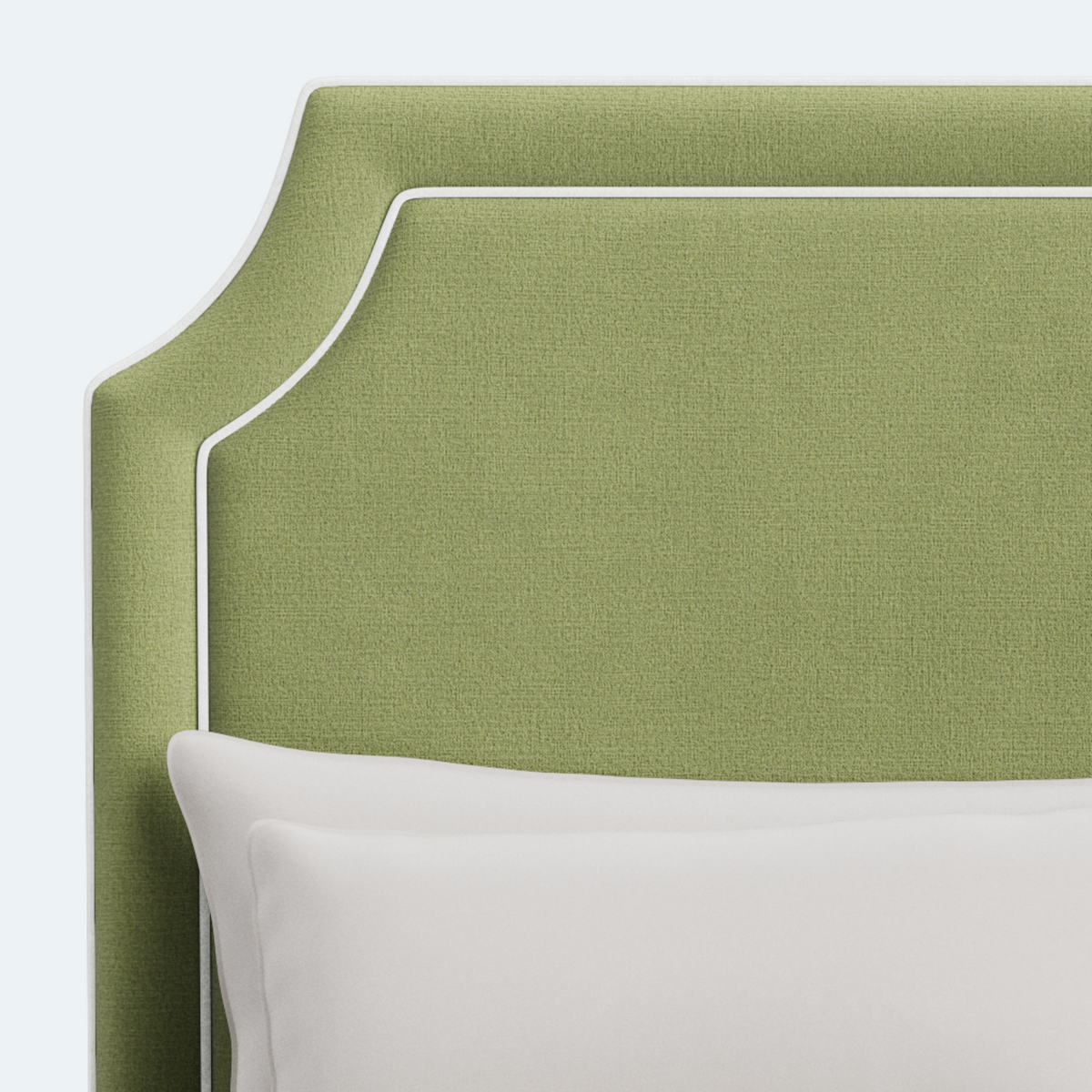 The Addison King Bed - Scalloped Legs - Pistachio Green Woven Fabric - White Trim