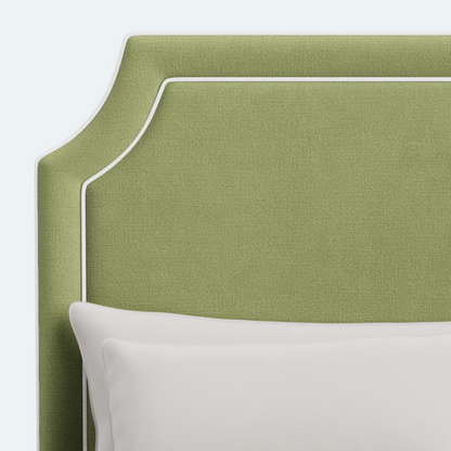 The Addison King Bed - Scalloped Legs - Pistachio Green Woven Fabric - White Trim