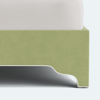 The Addison King Bed - Scalloped Legs - Pistachio Green Woven Fabric - White Trim