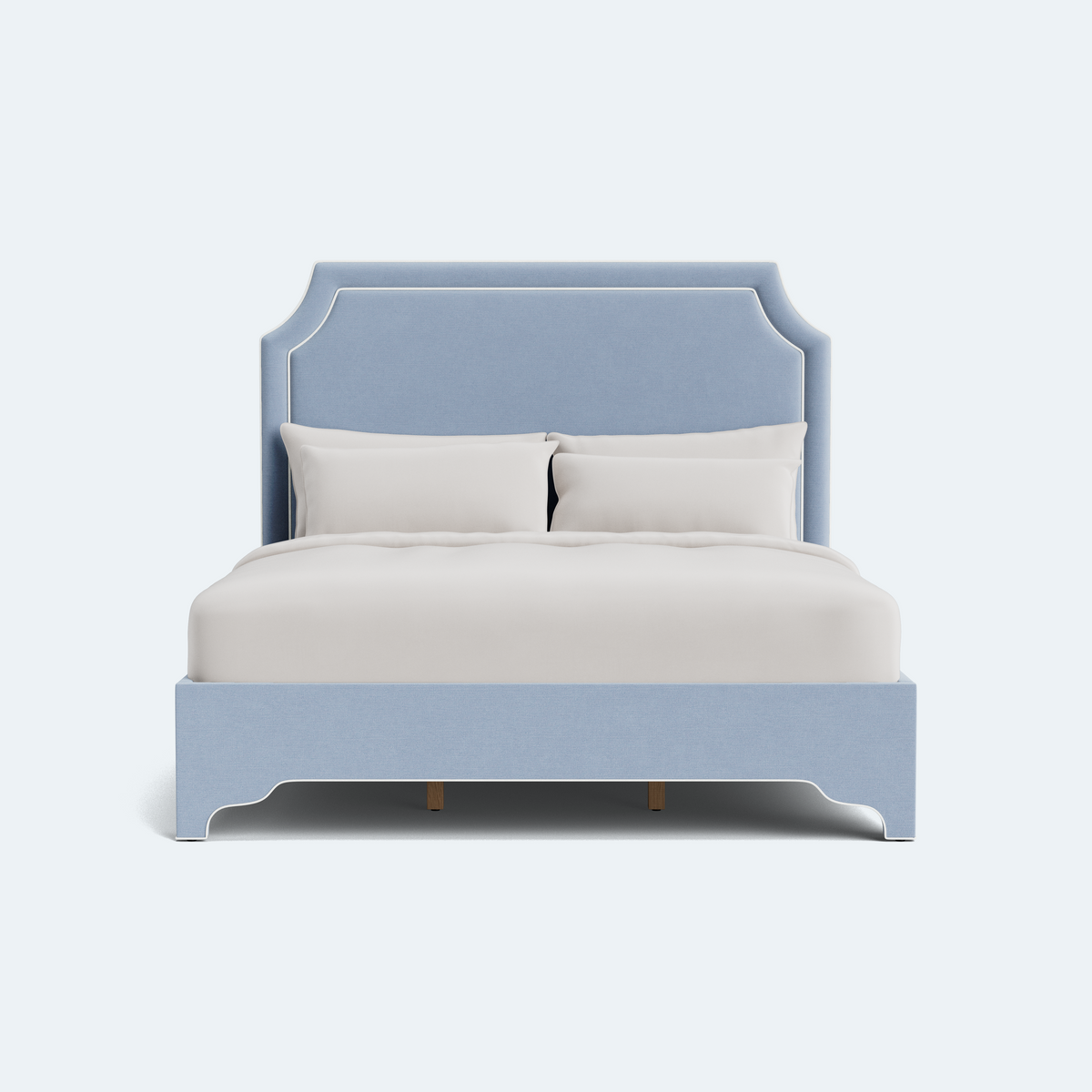 The Addison King Bed  - Scalloped Legs - Ashley Blue Performance Chenille Fabric - White Trim