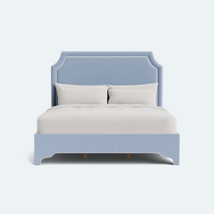 The Addison King Bed  - Scalloped Legs - Ashley Blue Performance Chenille Fabric - White Trim