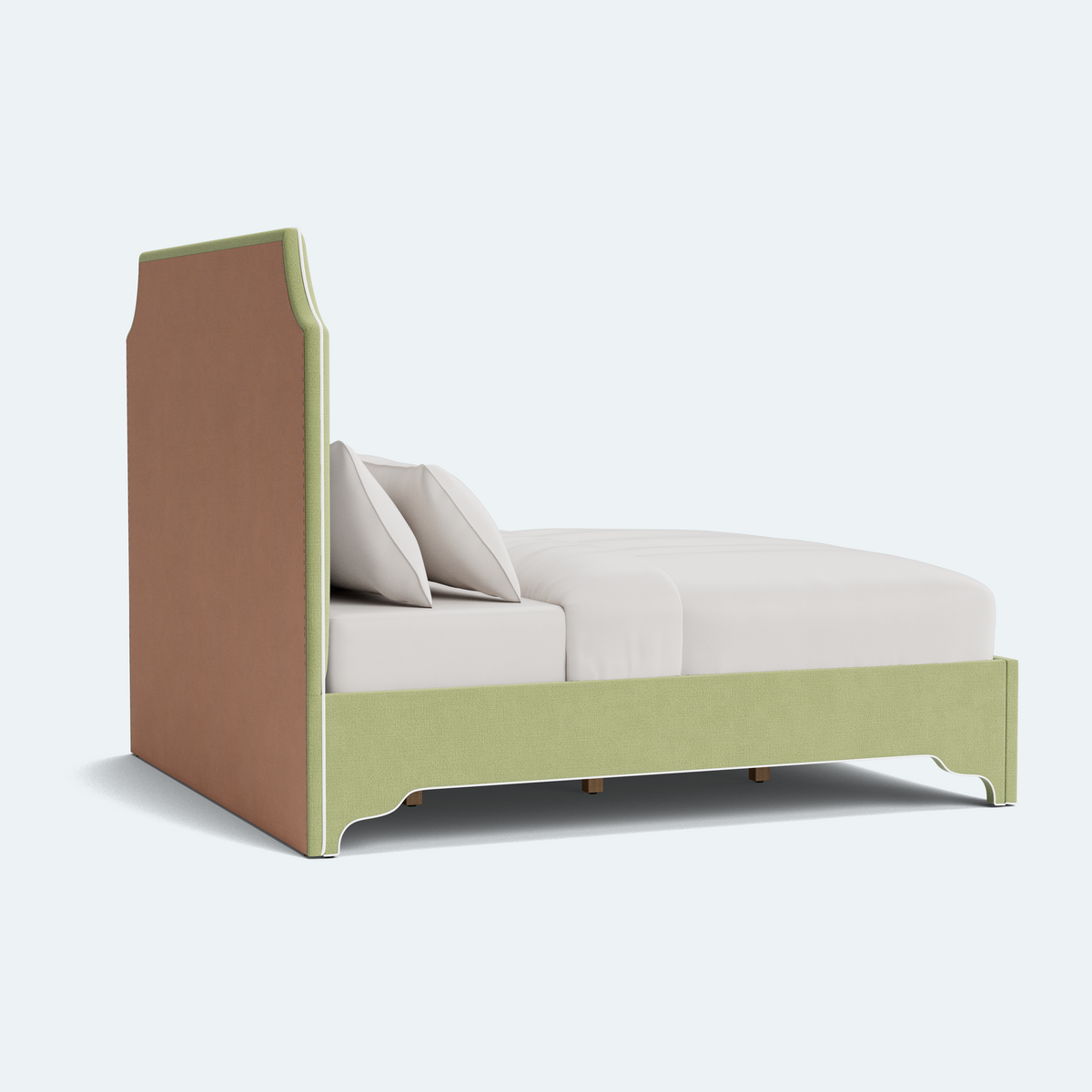 The Addison King Bed - Scalloped Legs - Pistachio Green Woven Fabric - White Trim