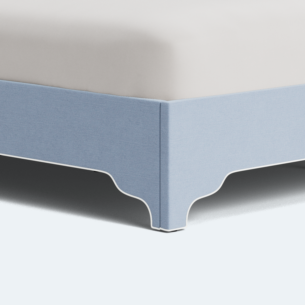 The Addison King Bed  - Scalloped Legs - Ashley Blue Performance Chenille Fabric - White Trim