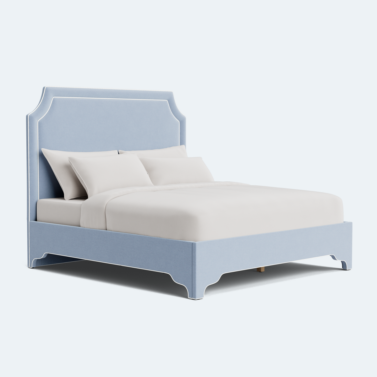 The Addison King Bed  - Scalloped Legs - Ashley Blue Performance Chenille Fabric - White Trim