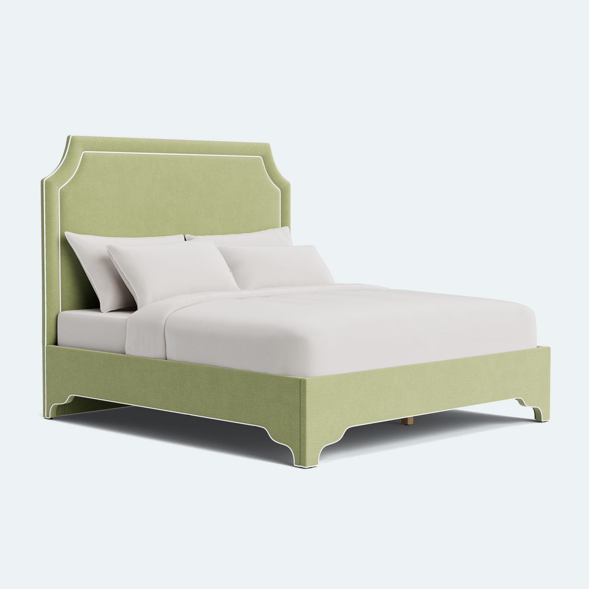 The Addison King Bed - Scalloped Legs - Pistachio Green Woven Fabric - White Trim