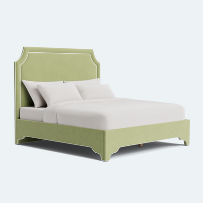 The Addison King Bed - Scalloped Legs - Pistachio Green Woven Fabric - White Trim