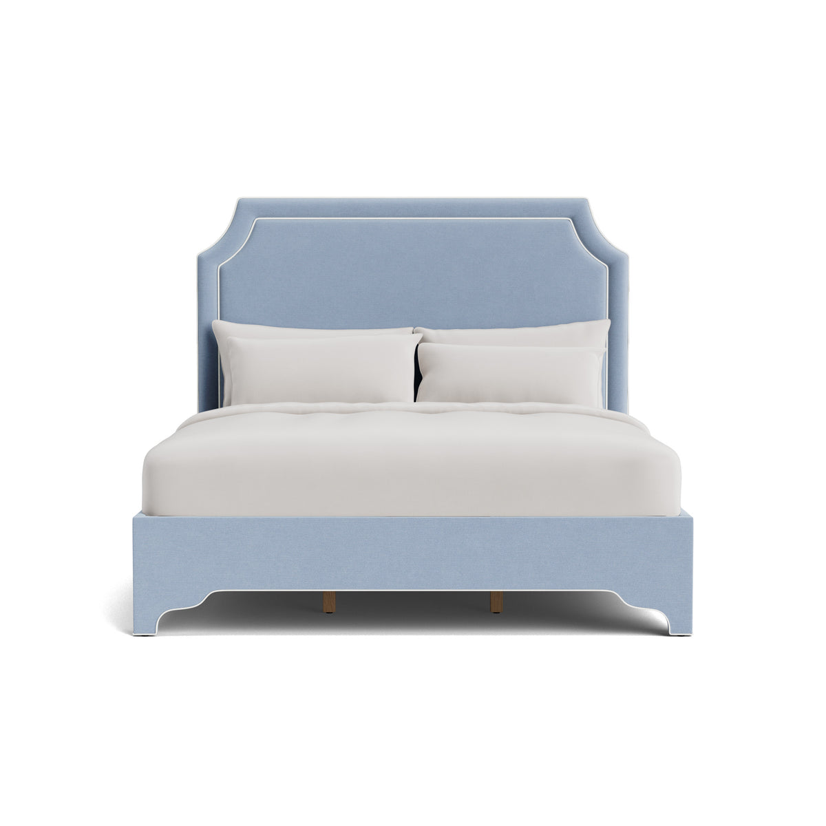 The Addison King Platform Bed - Scalloped Legs - Performance Ashley Blue Chenille Fabric - White Trim