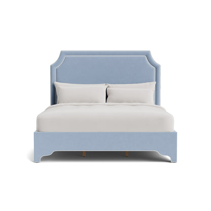 The Addison King Platform Bed - Scalloped Legs - Performance Ashley Blue Chenille Fabric - White Trim