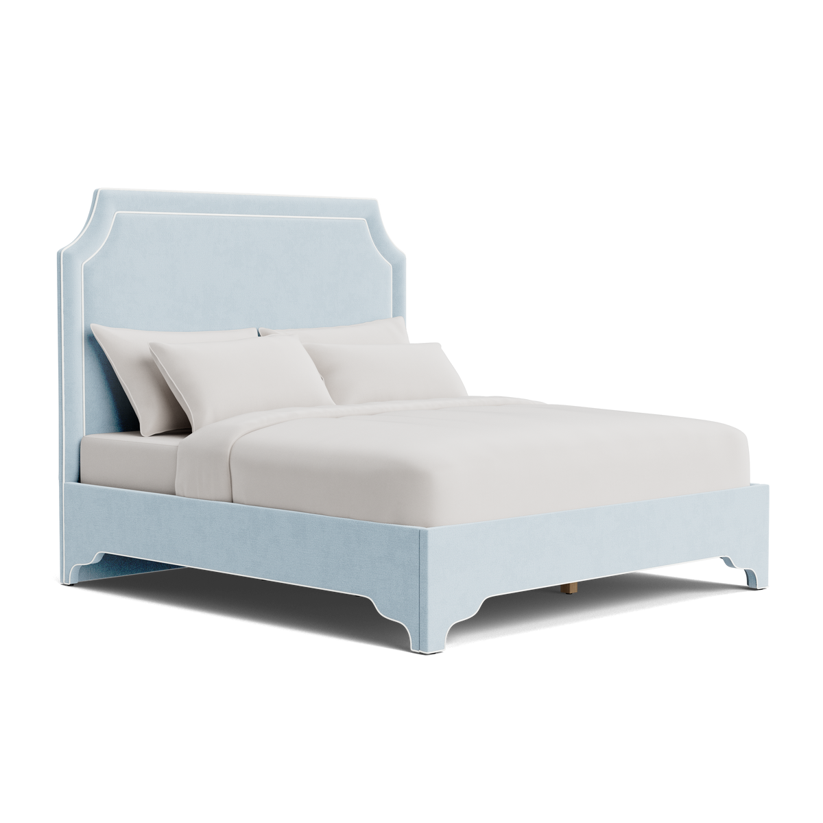 The Addison King Platform Bed - Scalloped Legs - Sky Blue Woven Fabric with White Trim