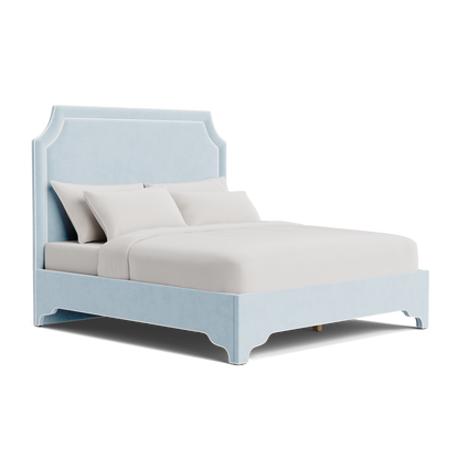The Addison King Platform Bed - Scalloped Legs - Sky Blue Woven Fabric with White Trim