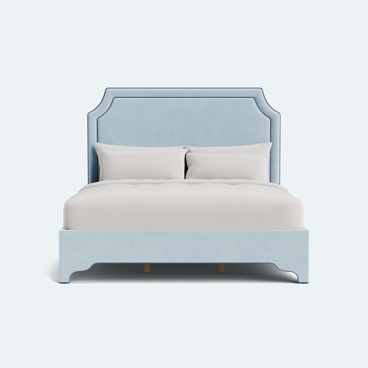 65”H Queen Platform Upholstered Bed - Sky Blue Woven Fabric - Navy Trim