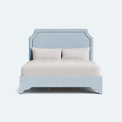 65”H Queen Platform Upholstered Bed - Sky Blue Woven Fabric - Navy Trim