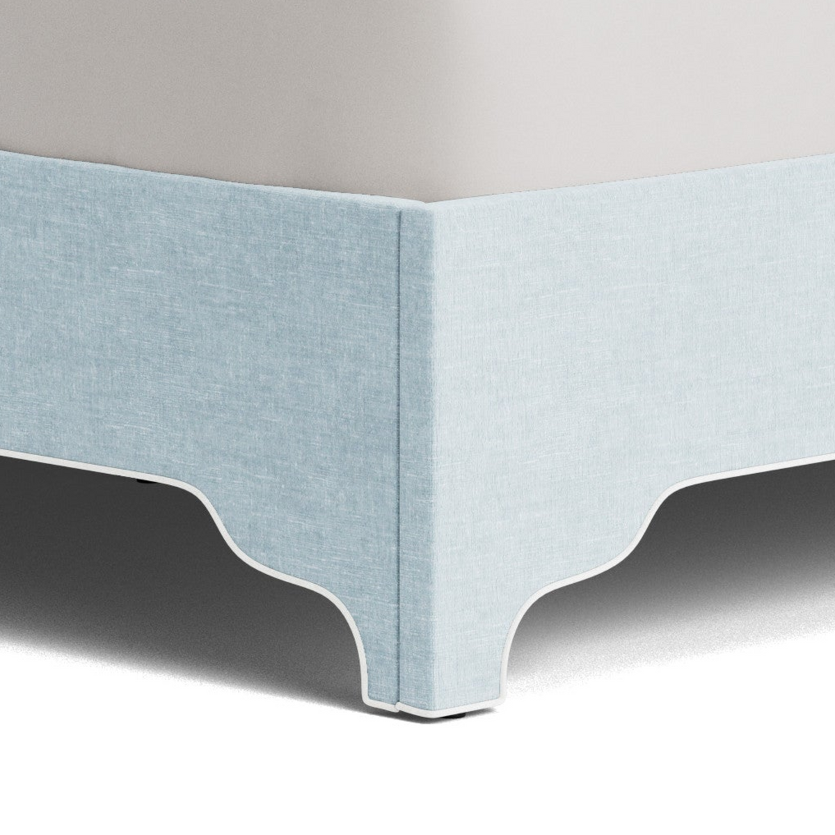 The Addison King Bed  - Scalloped Legs - Seafoam Blue Performance Chenille Fabric - White Trim