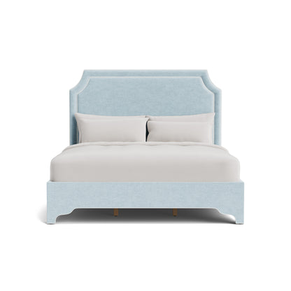 The Addison King Bed  - Scalloped Legs - Seafoam Blue Performance Chenille Fabric - White Trim