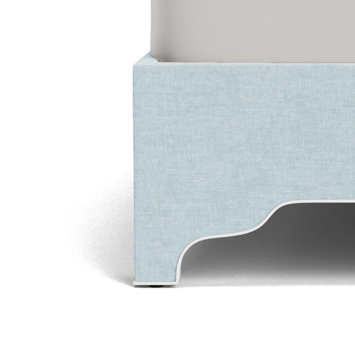 The Addison King Bed  - Scalloped Legs - Seafoam Blue Performance Chenille Fabric - White Trim
