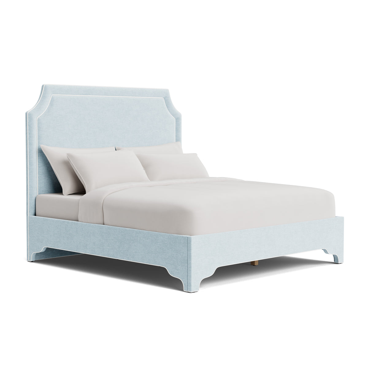 The Addison King Bed  - Scalloped Legs - Seafoam Blue Performance Chenille Fabric - White Trim
