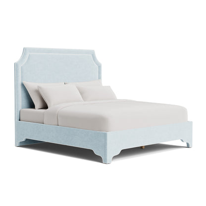 The Addison King Bed  - Scalloped Legs - Seafoam Blue Performance Chenille Fabric - White Trim