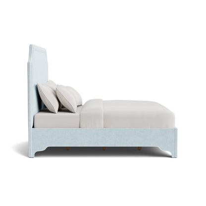 The Addison King Bed  - Scalloped Legs - Seafoam Blue Performance Chenille Fabric - White Trim