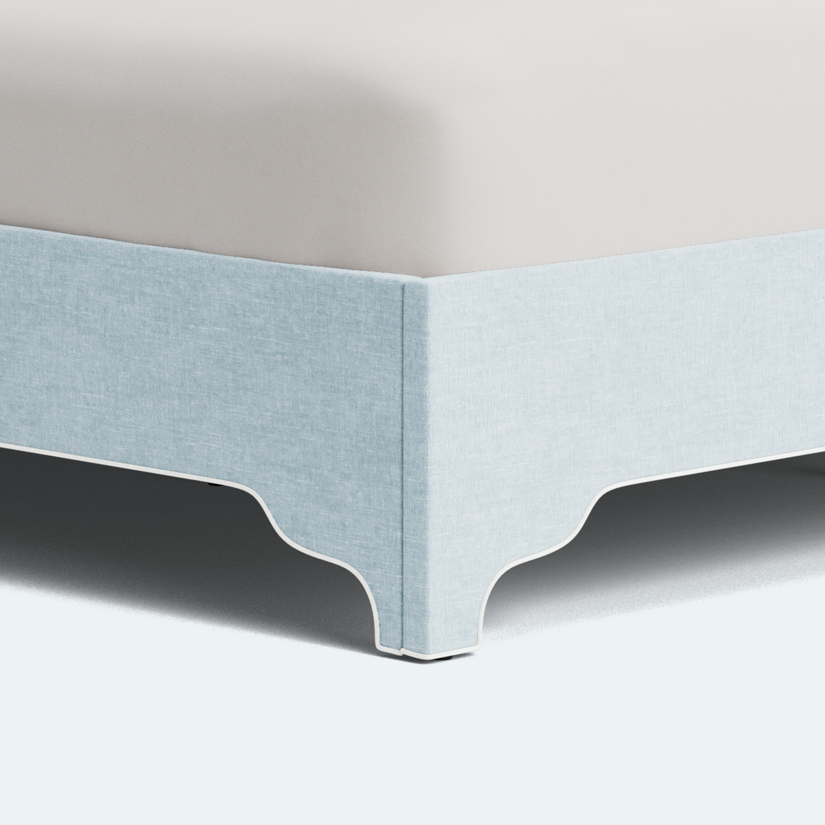 The Addison Queen Platform Bed - Scalloped Legs - Seafoam Blue Performance Chenille Fabric - White Trim