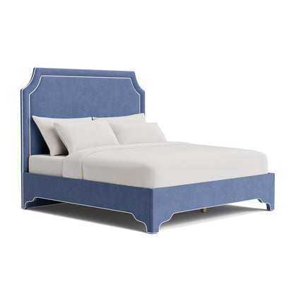 The Addison King Bed - Scalloped Legs - Navy Woven Fabric - White Trim