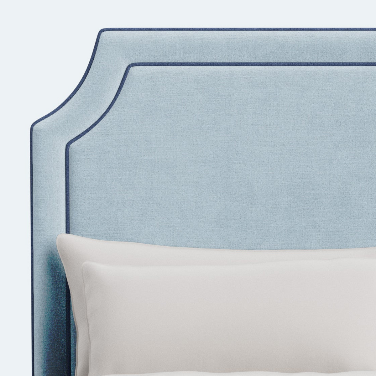 65”H Queen Platform Upholstered Bed - Sky Blue Woven Fabric - Navy Trim