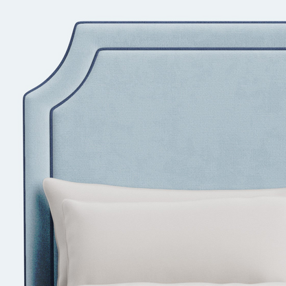 65”H Queen Platform Upholstered Bed - Sky Blue Woven Fabric - Navy Trim