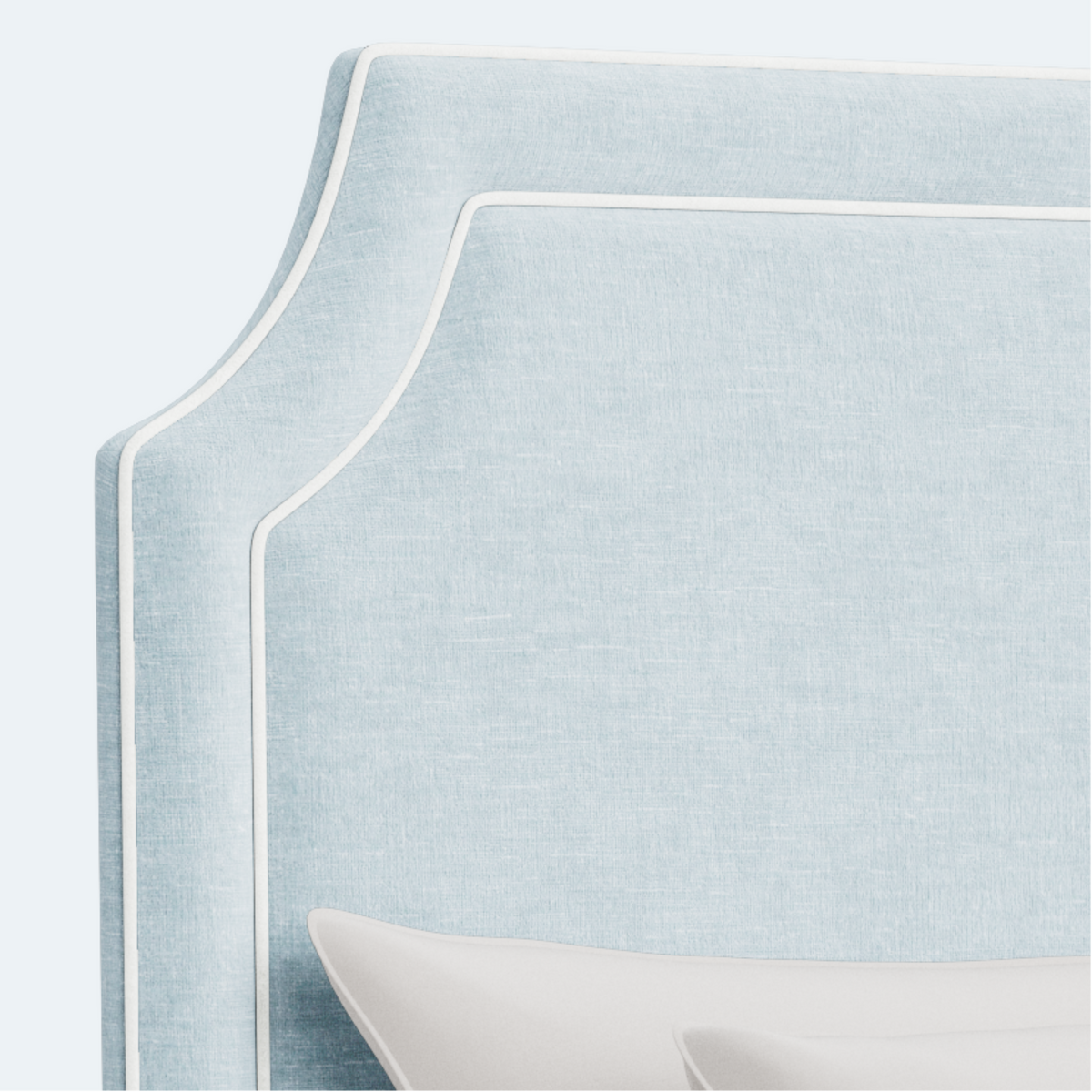 The Addison Queen Platform Bed - Scalloped Legs - Seafoam Blue Performance Chenille Fabric - White Trim