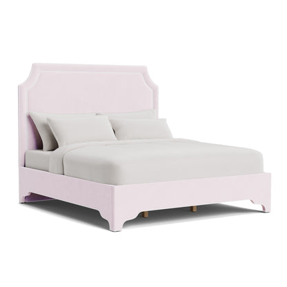 The Addison Queen Bed - Scalloped Legs - Powder Pink Woven Fabric - White Trim