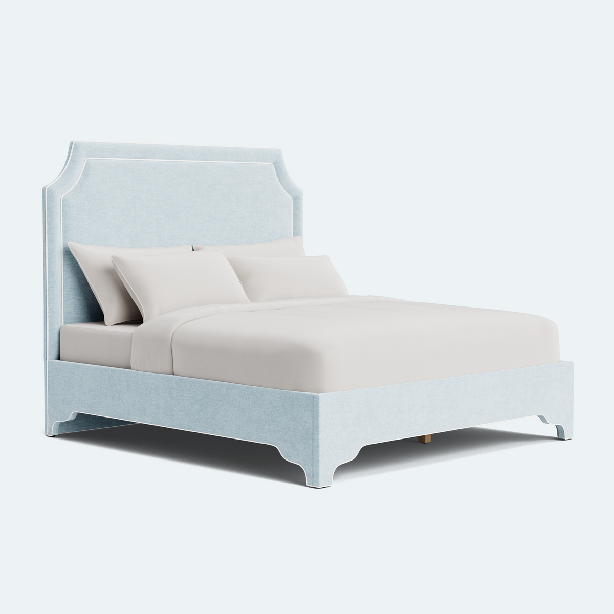 The Addison Queen Platform Bed - Scalloped Legs - Seafoam Blue Performance Chenille Fabric - White Trim
