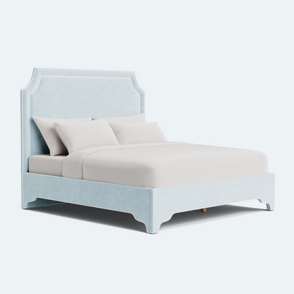 The Addison Queen Platform Bed - Scalloped Legs - Seafoam Blue Performance Chenille Fabric - White Trim