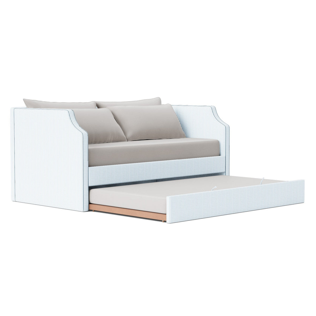 The Addison Twin Trundle Daybed - Ticking Stripe Fabric - Sky Blue Trim