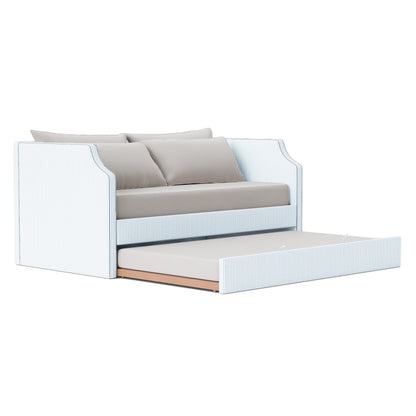 The Addison Twin Trundle Daybed - Ticking Stripe Fabric - Sky Blue Trim
