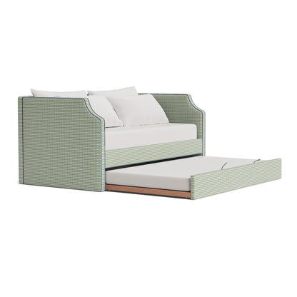 The Addison Twin Trundle Daybed - Thibaut Darcy Leaf Fabric - Navy Trim